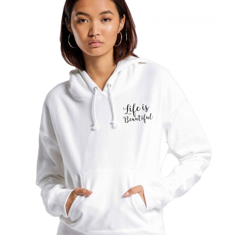 Бял дамски суичър - Life is beautiful THEICONIC