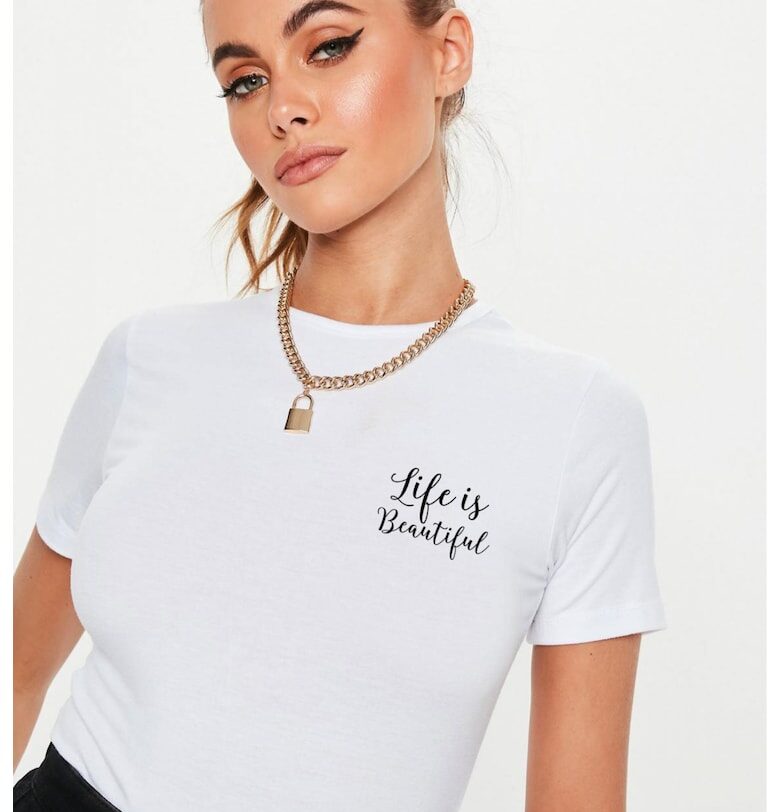 Бяла дамска тениска - Life is beautiful THEICONIC