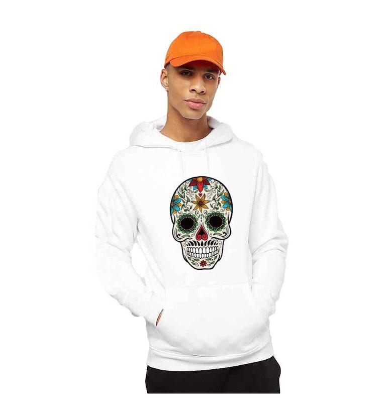 Бяла мъжка качулка - цветен захарен череп THEICONIC