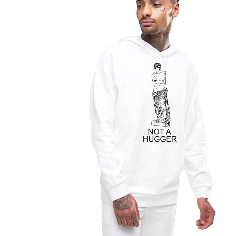 Бяла мъжка суичър с качулка - Не е прегръдка THEICONIC