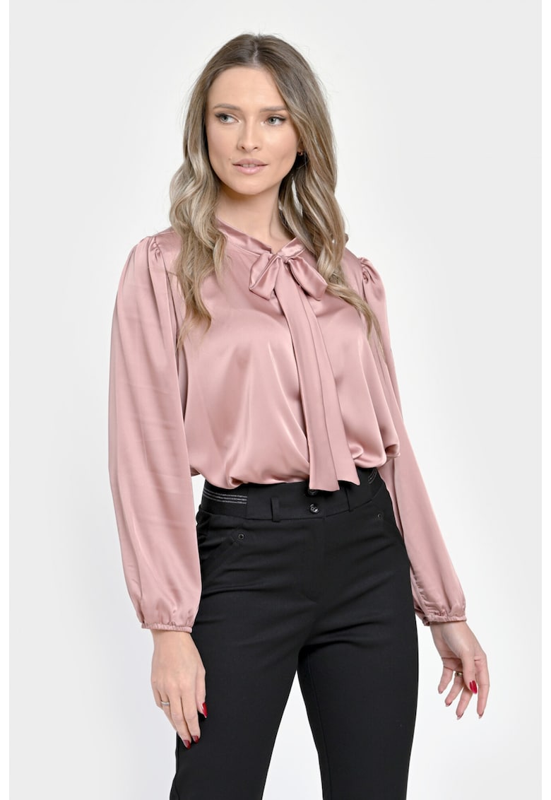 Дамска блуза от сатен - Елегантна с панделка V301 - Розова Eranthe