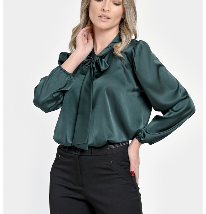 Дамска сатенена блуза - Тъмнозелена - Елегантна с панделка V303 - Eranthe