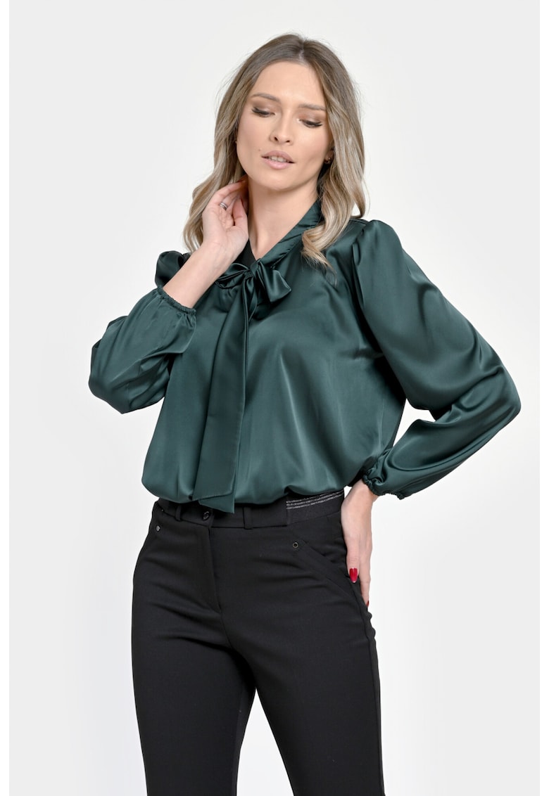 Дамска сатенена блуза - Тъмнозелена - Елегантна с панделка V303 - Eranthe