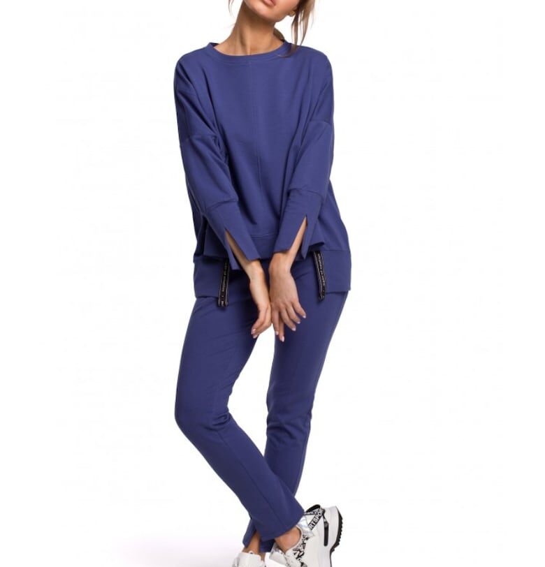 Дамска блуза със странични цепки -  Памук/Еластан - Индиго MOE