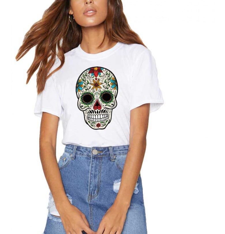 Дамска бяла тениска - Sugar Skull Colorful THEICONIC