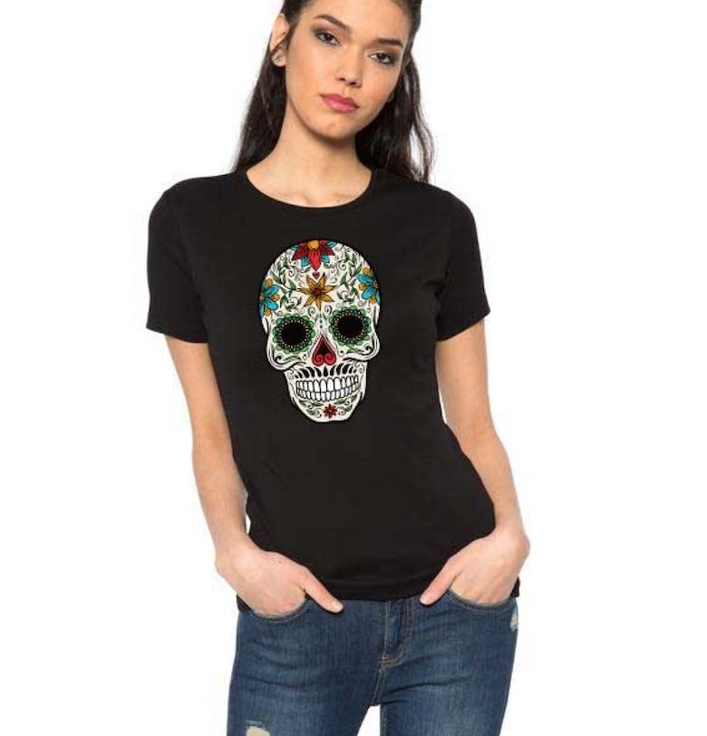Дамска черна тениска - Sugar Skull Colorful THEICONIC