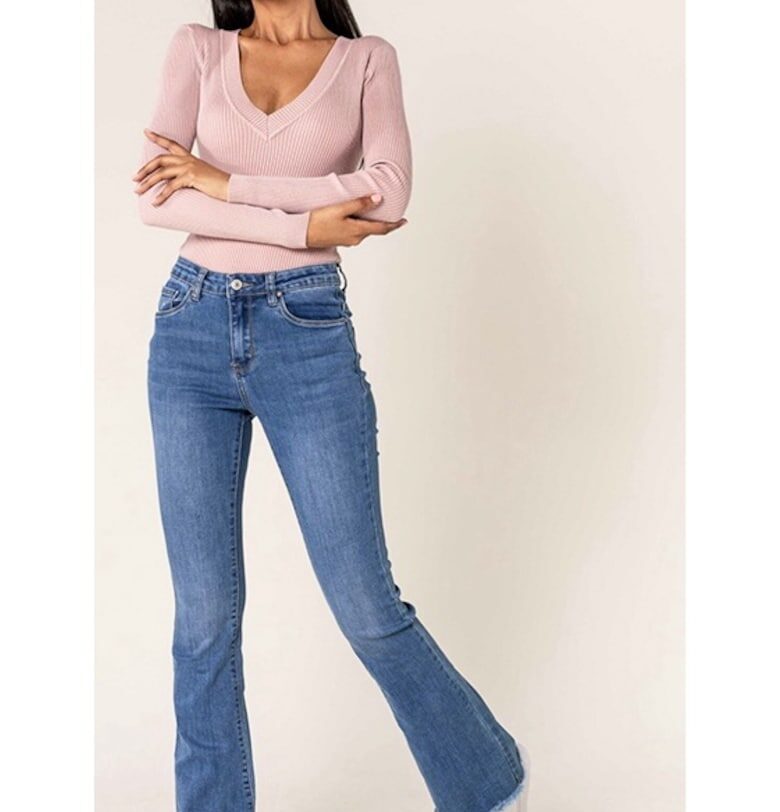 Дамски дънки  с разкроена каишка тип „лодка“ в синьо P218-5A M10 16807 Nina Carter