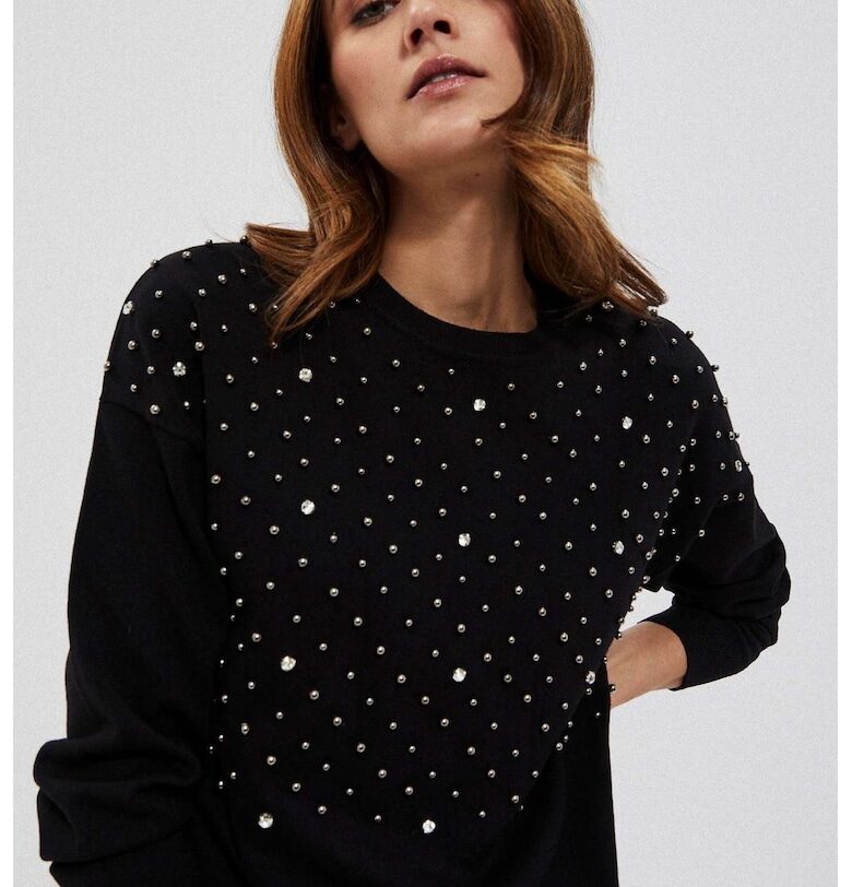 Дамски пуловер  черен с декоративни перли - MOODO