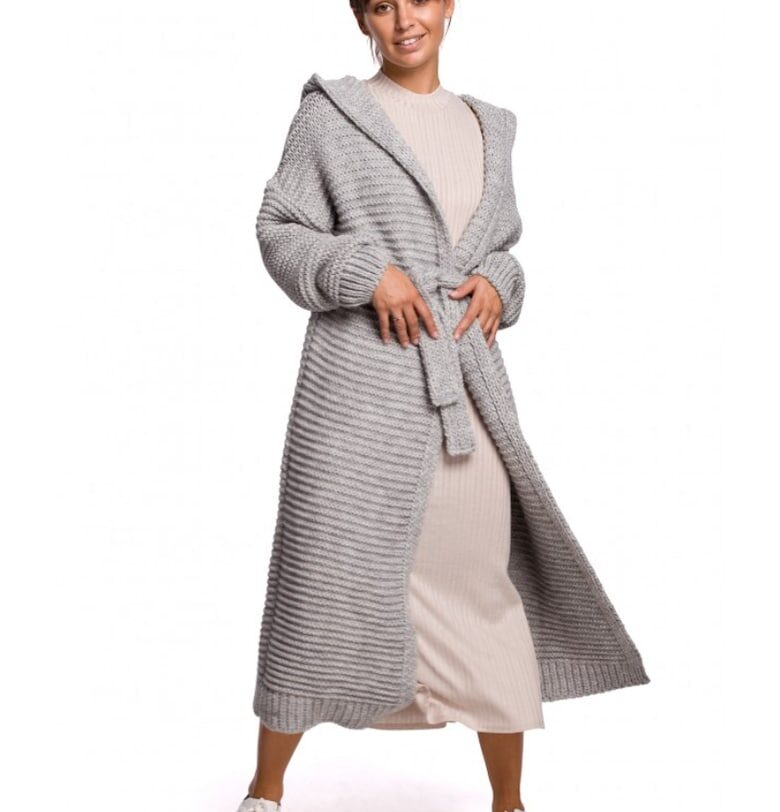 Дълга жилетка с качулка - акрил/найлон/вълна - сива - един размер OEM