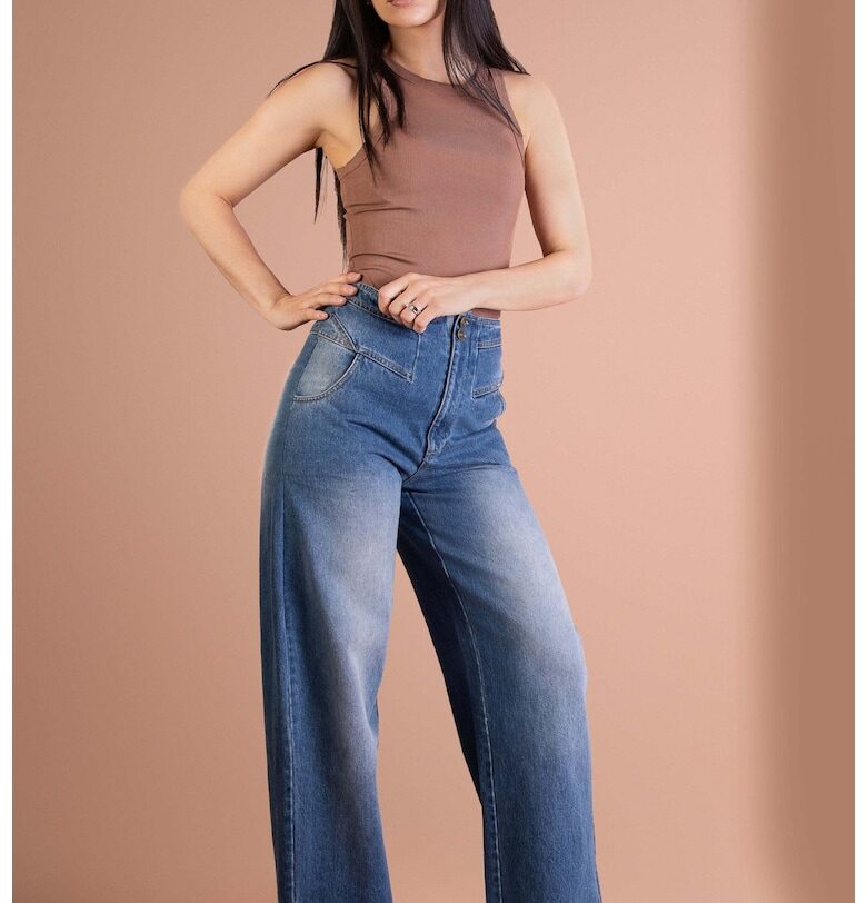 Дънки с широк крачол с висока талия и цепки встрани - Син - BALOU