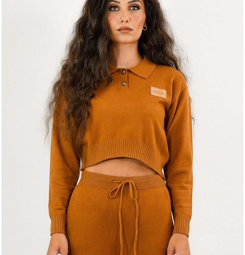 Къс пуловер с яка - Кафяв - BALOU