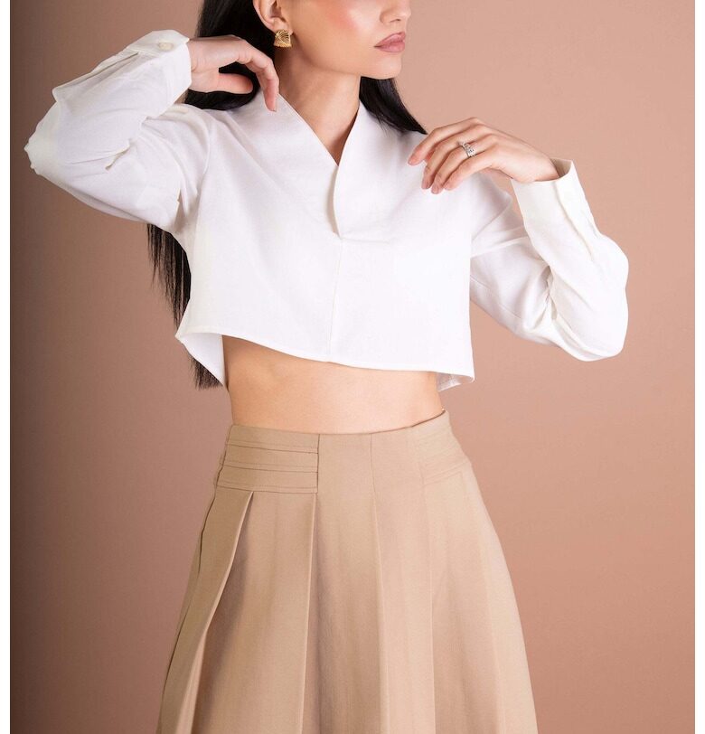 Къса блуза с дълги ръкави и шпиц - Бял - BALOU