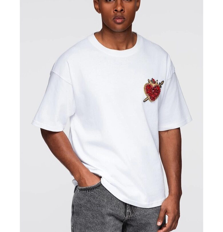 Памучна тениска с бижута на гърдите  OM-TSCT-0290 OMBRE