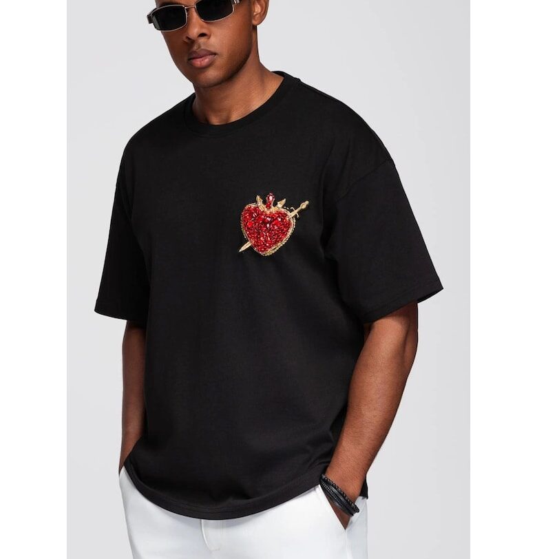 Памучна тениска с бижута на гърдите  OM-TSCT-0290 OMBRE