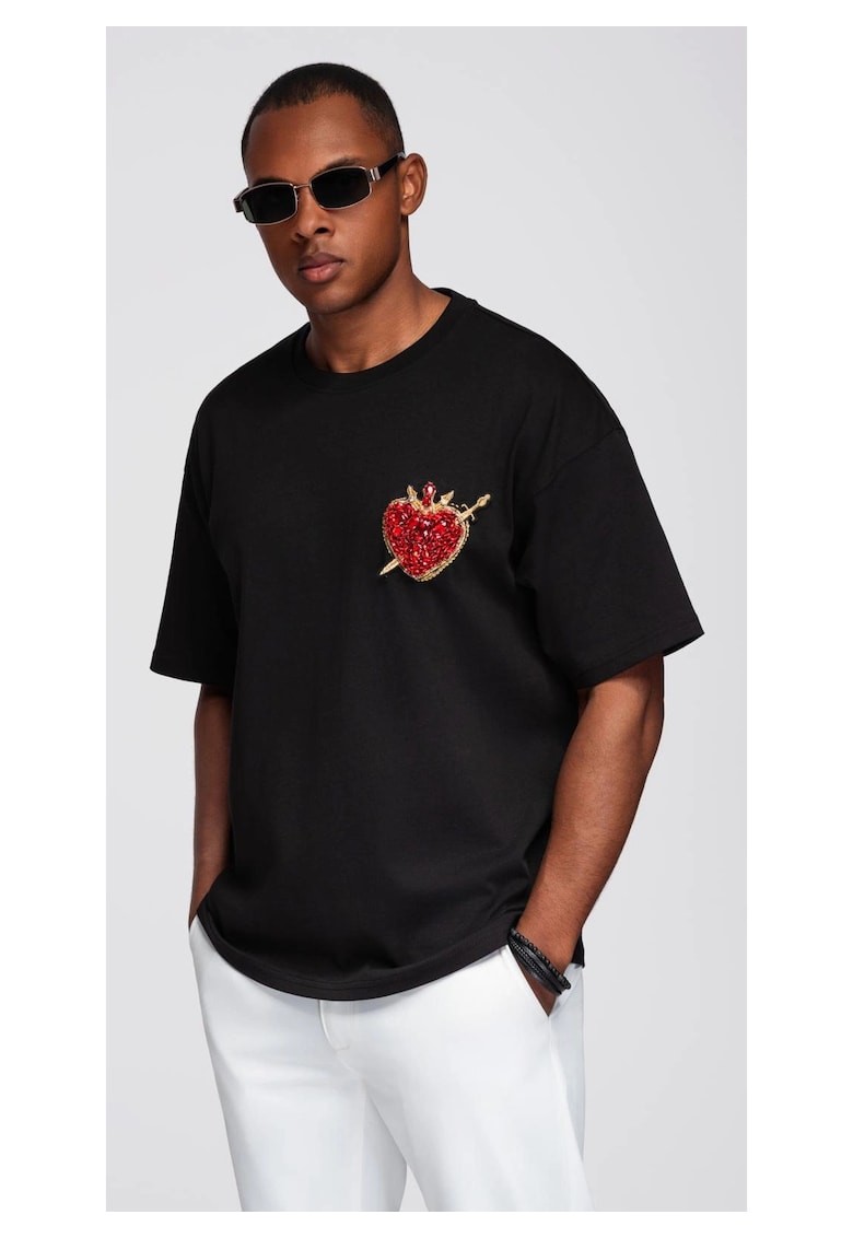 Памучна тениска с бижута на гърдите OM-TSCT-0290 OMBRE