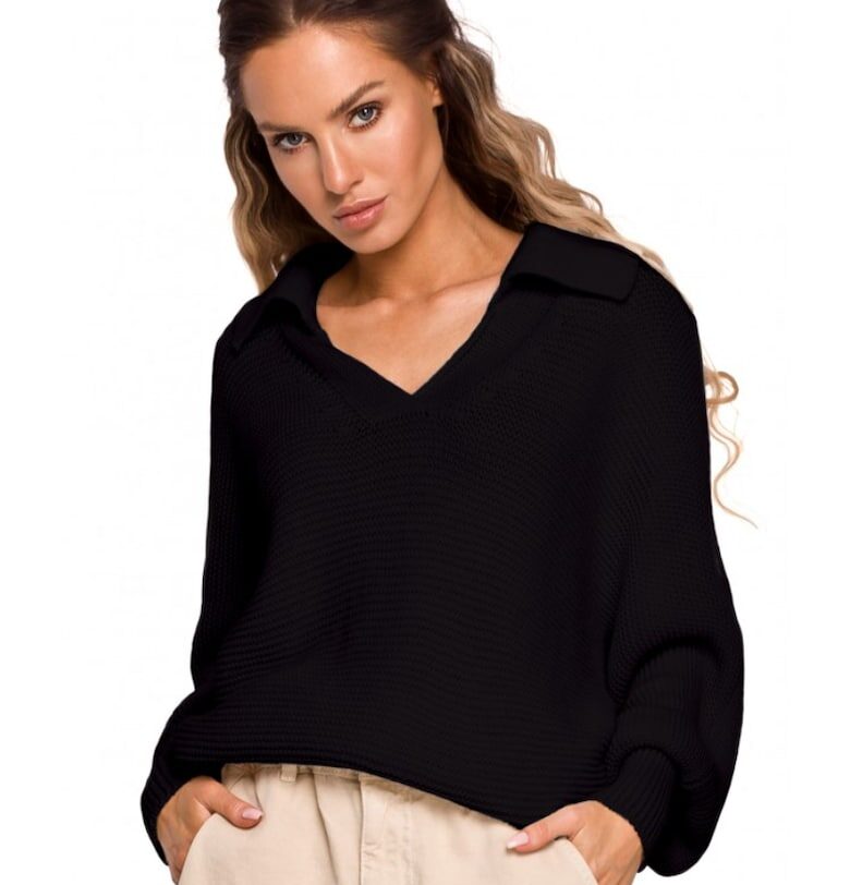 Пуловер  V-образно деколте - акрил - найлон - черен MOE