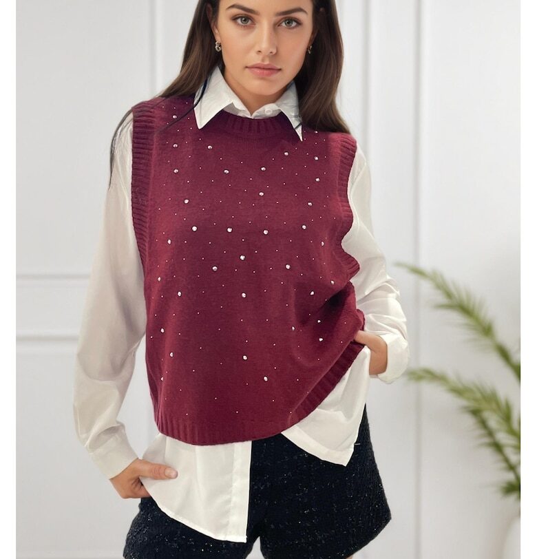 Пуловер бордо без ръкави със страз A-9015 M9 18189 SOFILINE