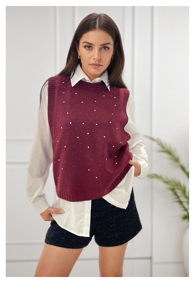 Пуловер бордо без ръкави със страз A-9015 M9 18189 SOFILINE