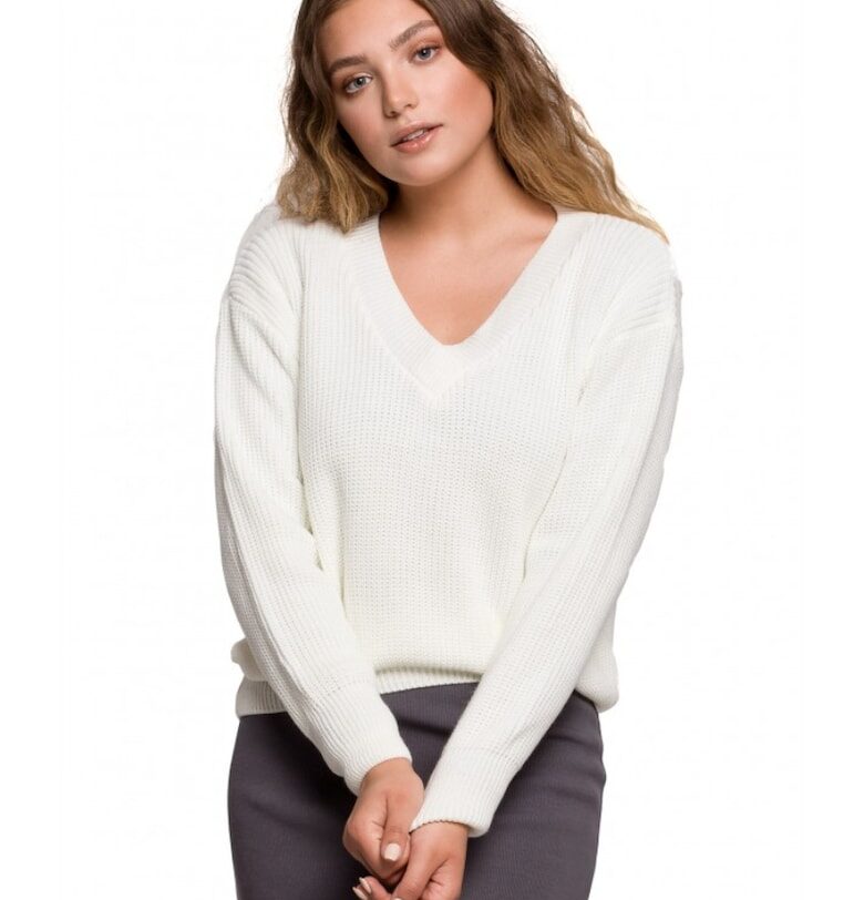 Пуловер с V-образно деколте - акрил - почти бял OEM