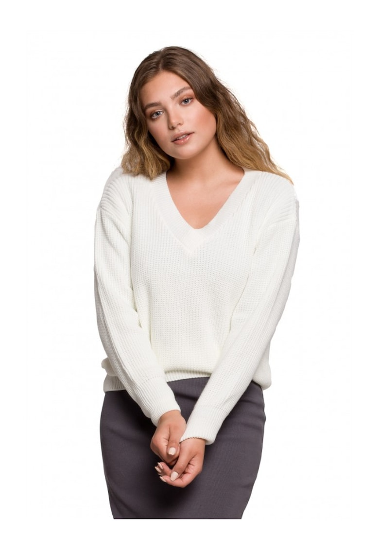 Пуловер с V-образно деколте - акрил - почти бял OEM