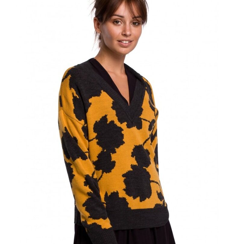 Пуловер с V-образно деколте и флорален принт - акрил - жълто/черно OEM