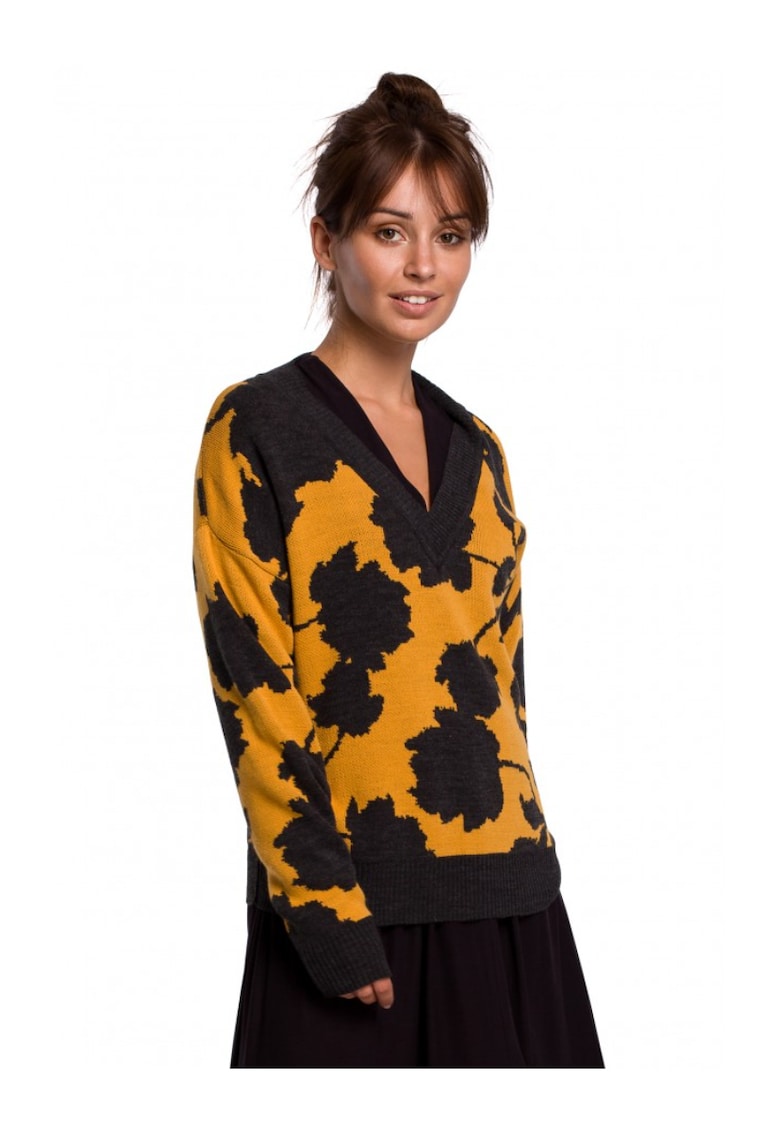 Пуловер с V-образно деколте и флорален принт - акрил - жълто/черно OEM