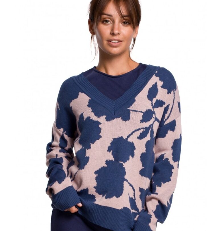 Пуловер с V-образно деколте и флорален принт - акрил - тъмносиньо/розово OEM