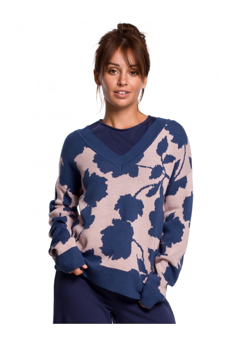 Пуловер с V-образно деколте и флорален принт - акрил - тъмносиньо/розово OEM