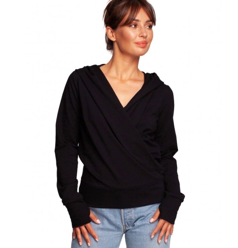 Пуловер с качулка - памук/еластан - черен OEM