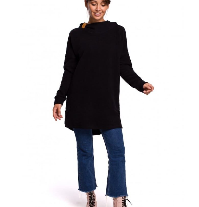 Текстуриран плетен пуловер със заоблен подгъв - памук/полиестер - черен OEM