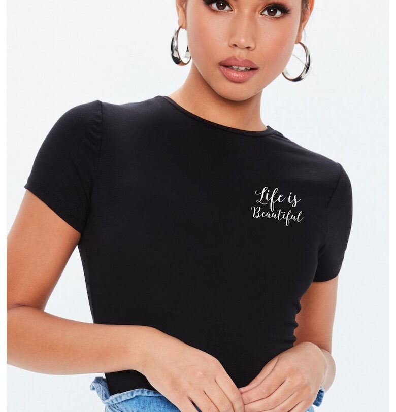 Черна дамска тениска - Life is beautiful THEICONIC