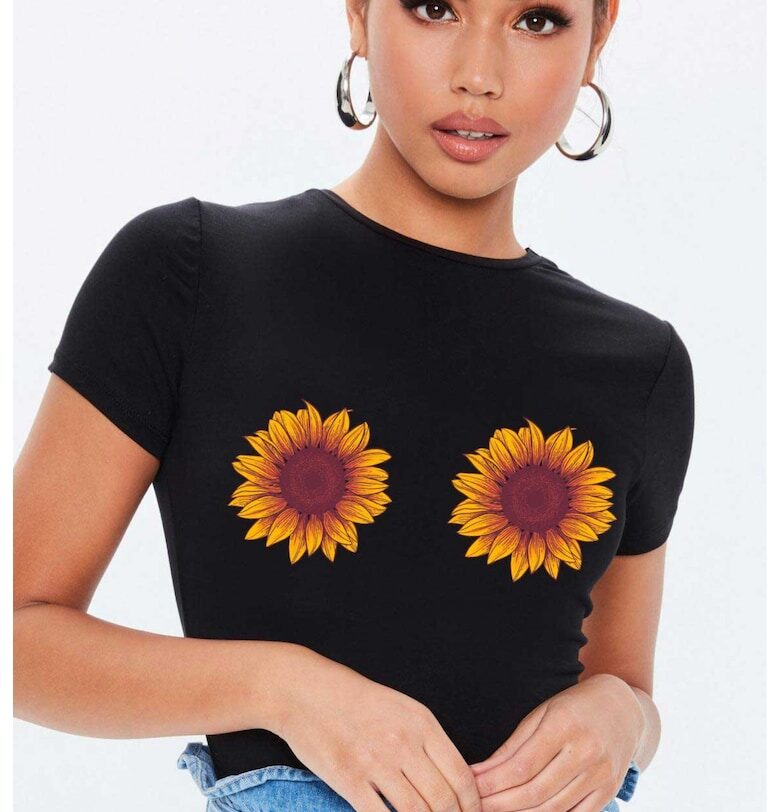 Черна дамска тениска - Слънчоглед THEICONIC