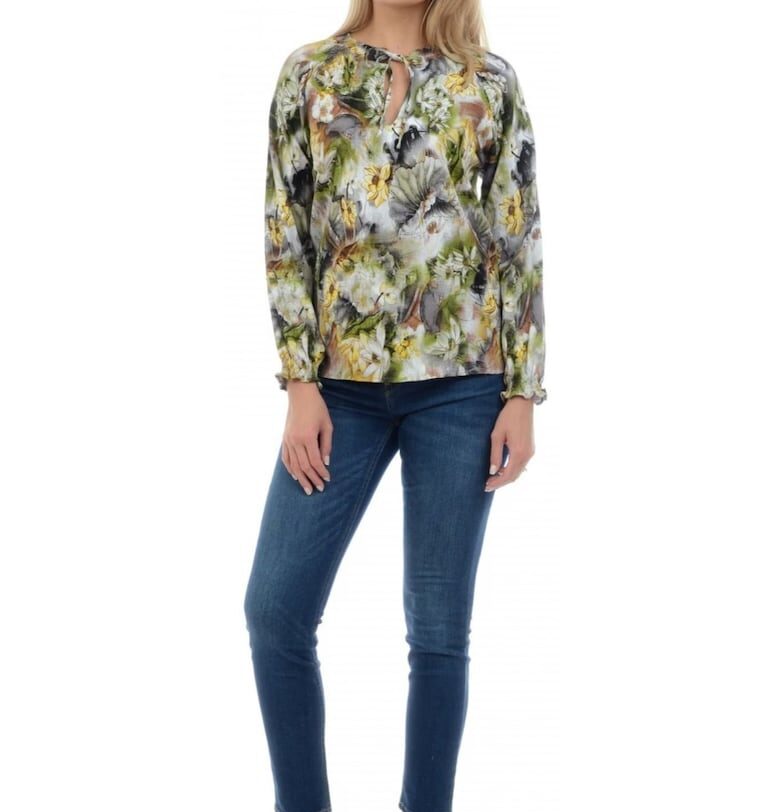 888124542-Дамска блуза - Зелена - С щампа на цветя Eranthe