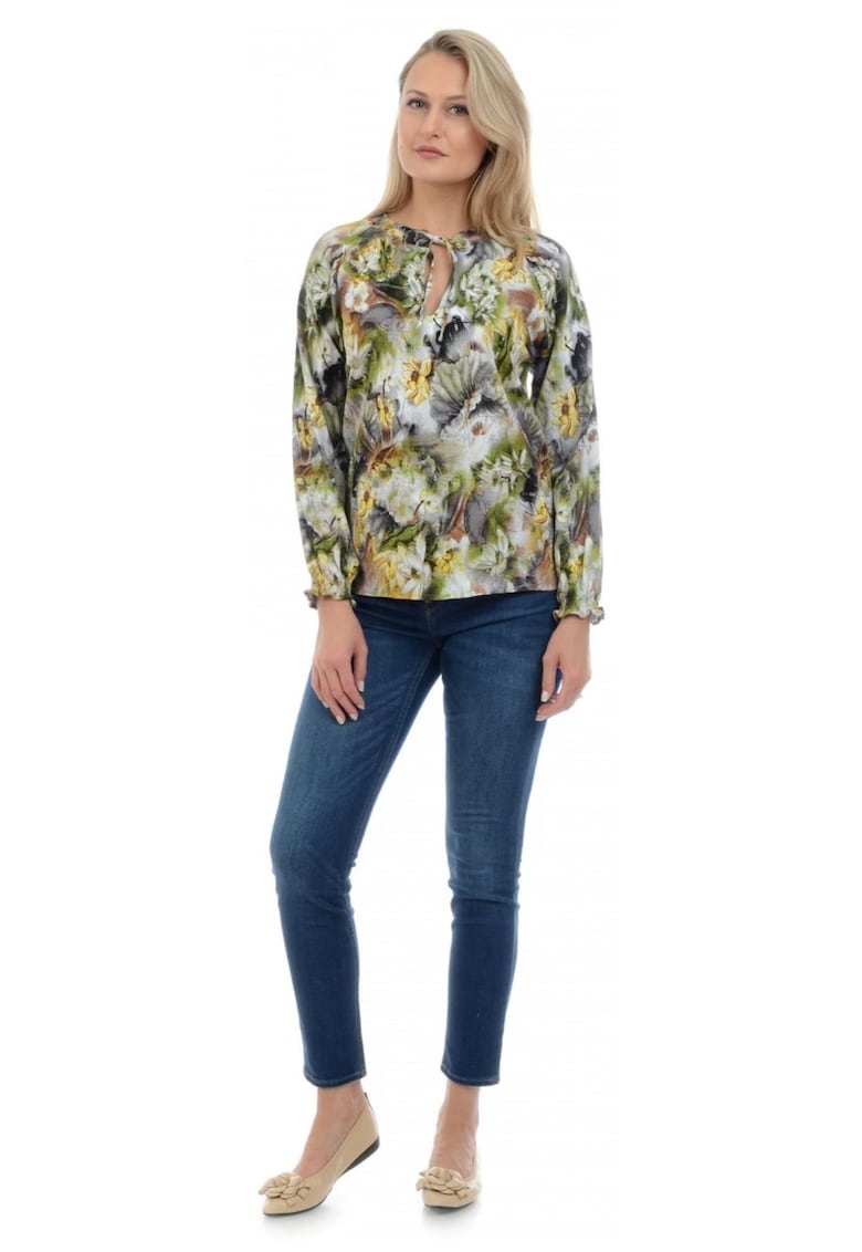 888124542-Дамска блуза - Зелена - С щампа на цветя Eranthe