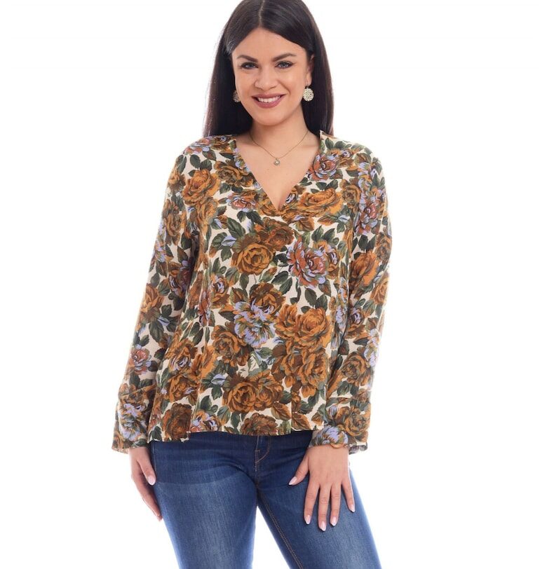 888132646-Дамска плисирана блуза с кафяв флорален принт Eranthe