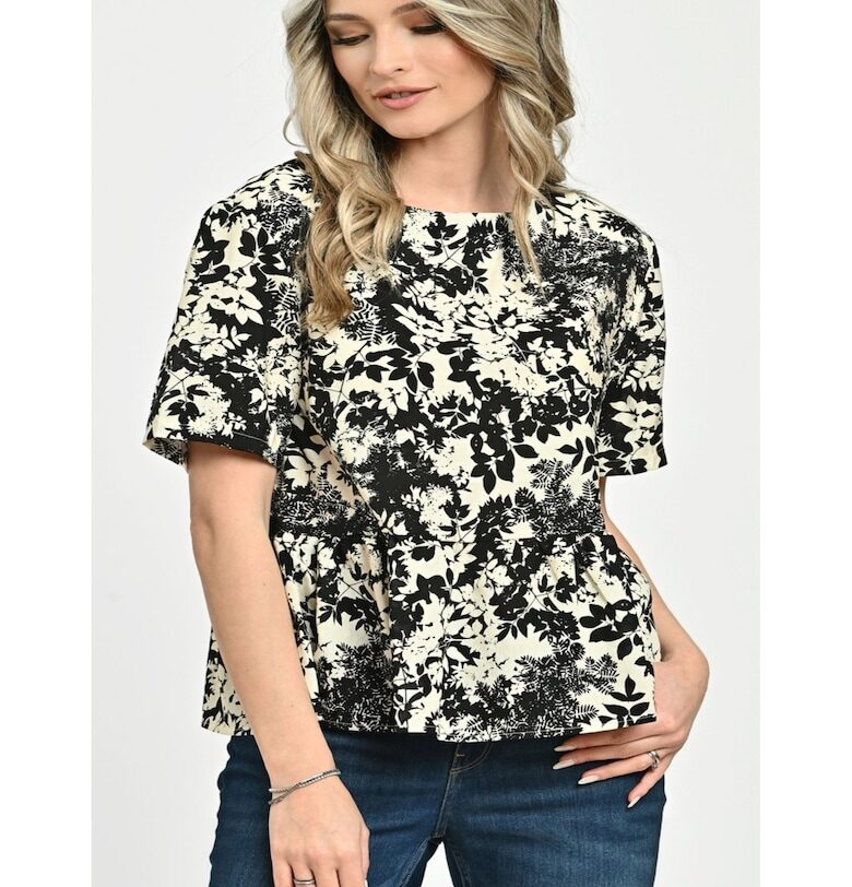 888142604-Bluza Dama - Peplum - din Viscoza - Crem cu Negru si model Floral Eranthe