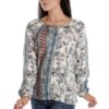 888144253-Дамска блуза - с дълъг ръкав тип ИЕ - Бяла със синьо-кафяв комбиниран принт Eranthe