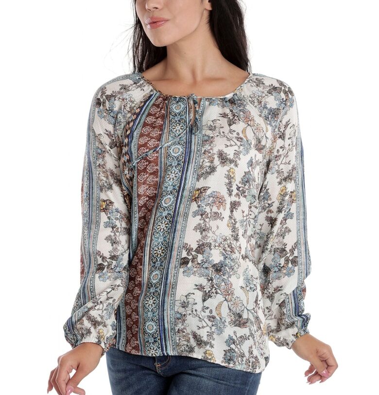 888144253-Дамска блуза - с дълъг ръкав тип ИЕ - Бяла със синьо-кафяв комбиниран принт Eranthe