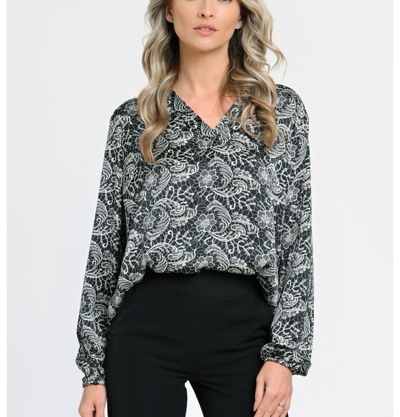 888144269-Дамска блуза с дълъг ръкав тип Кимоно - Черно с бяло в бароков стил Eranthe