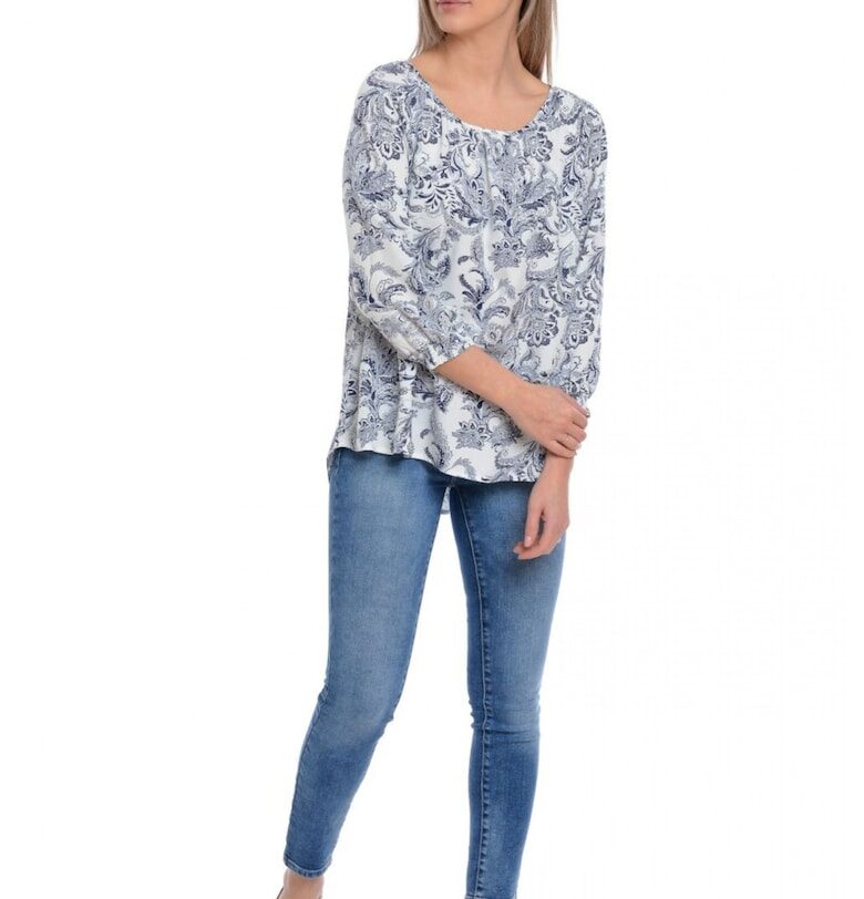 888140569-Дамска блуза - бял/тъмносин - широка - с шарка Eranthe