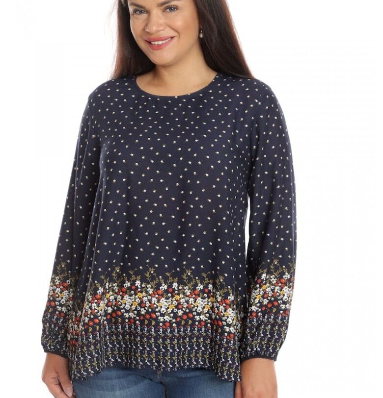 Bluza Dama din Vascoza cu bordura - bleumarin si imprimeu floral Eranthe