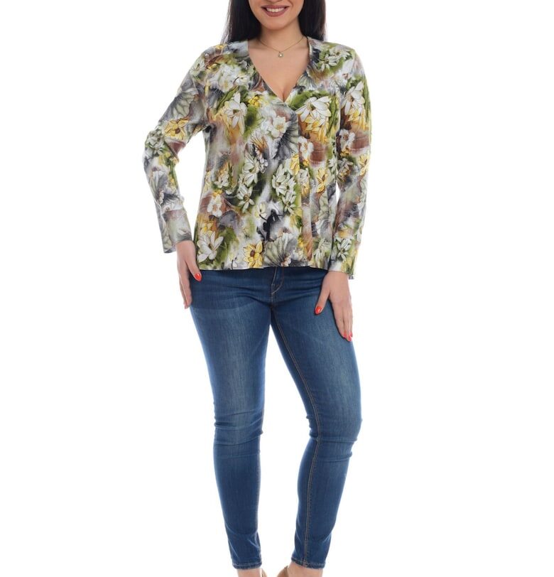 Дамска блуза - многоцветна - с флорален принт и V-образно деколте Eranthe