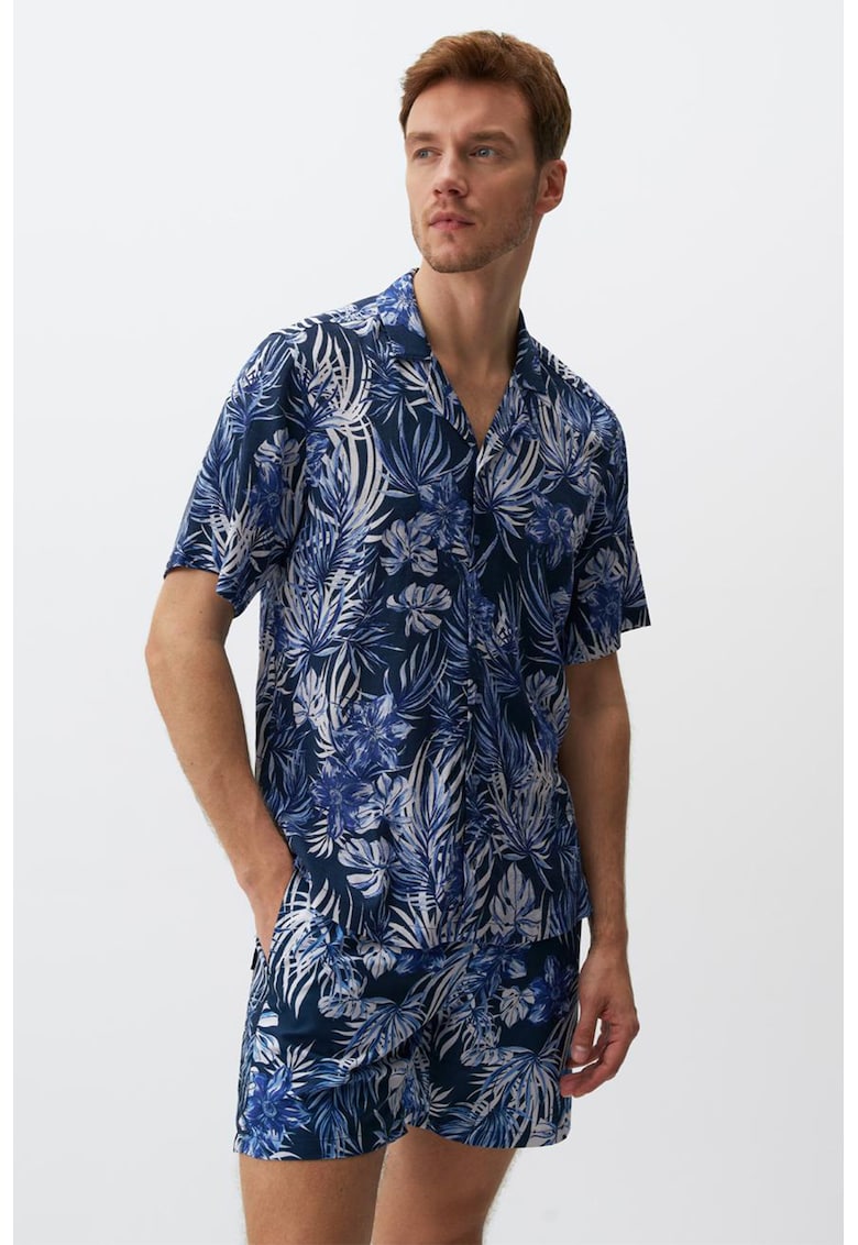 Десенирана риза с лен с къси ръкави JIMMY KEY