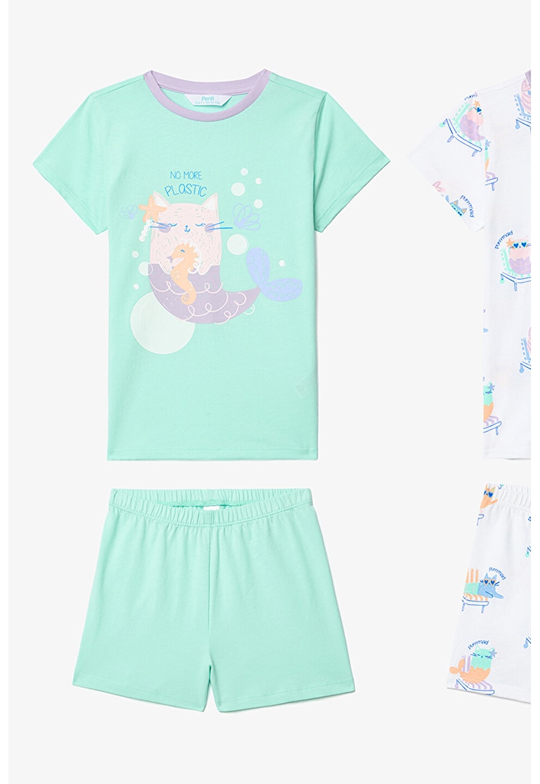 Памучна пижама с къси ръкави и фигурален принт - Бял/Аквамарин синьо/Лилав Penti