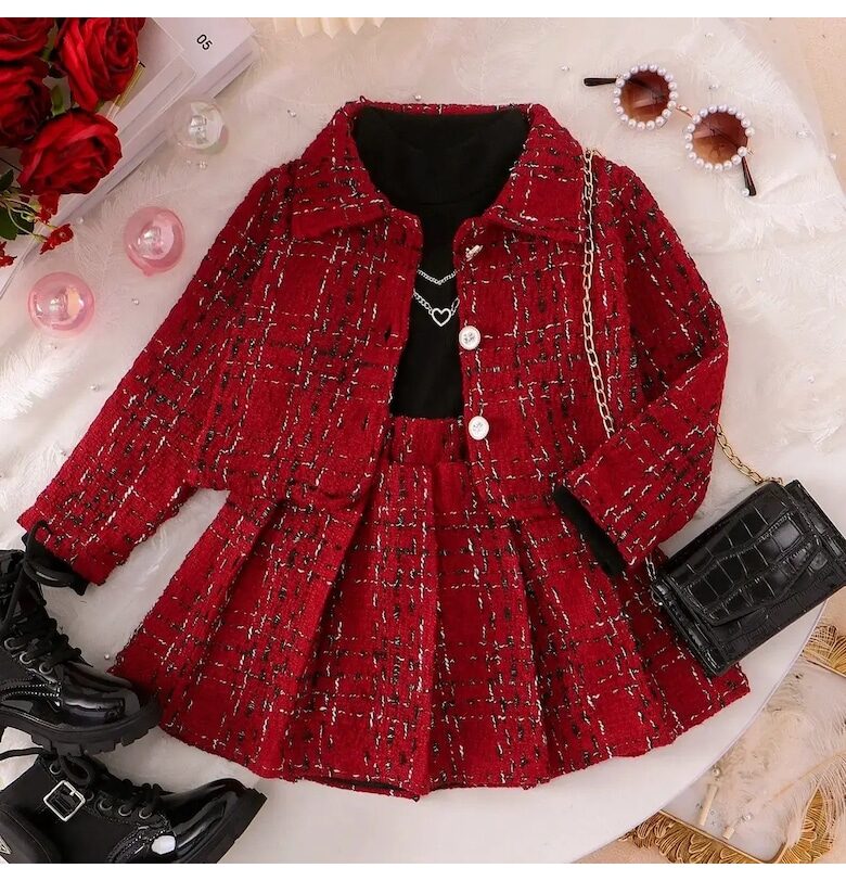 Плетен комплект 2 части сако и пола червен за момичета Nannie