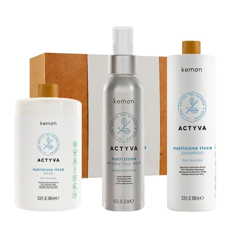 Actyva Nutrizione Ricca хидратиращ комплект за коса - Шампоан 1000 мл - Маска 1000 мл - мляко 125 мл Kemon