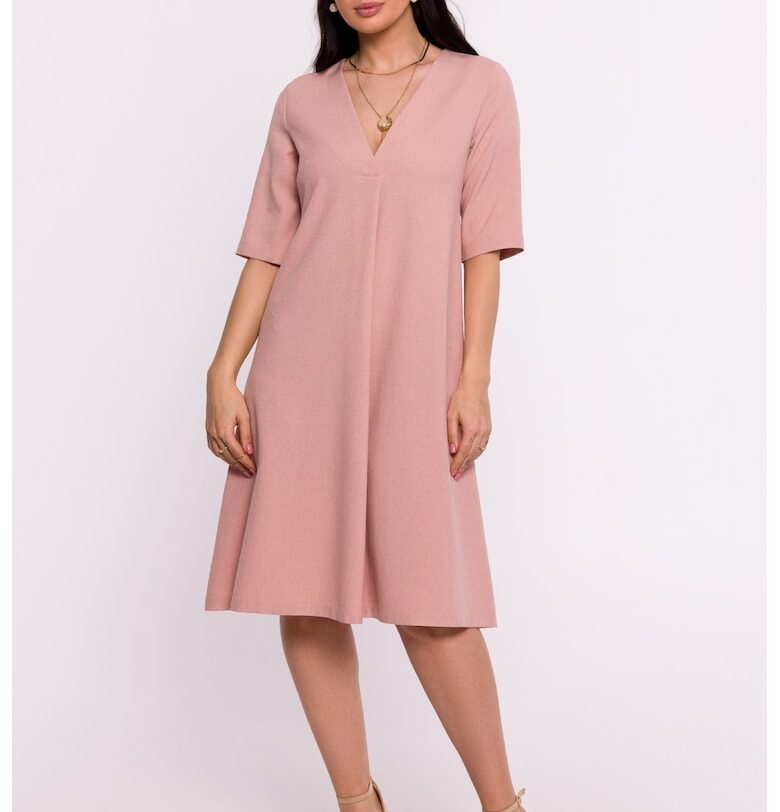 Дамска рокля - трапецовидна с V деколте - Полиестер - Червена OEM