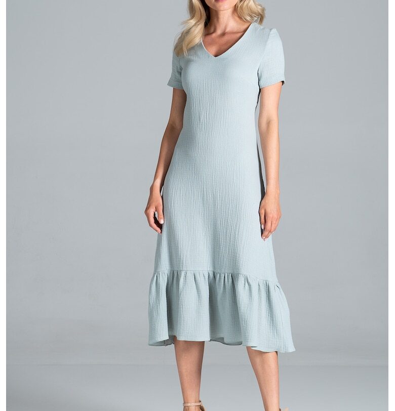 Midi рокля  M827 - мента - 100% памук - с волани - къс ръкав Figl