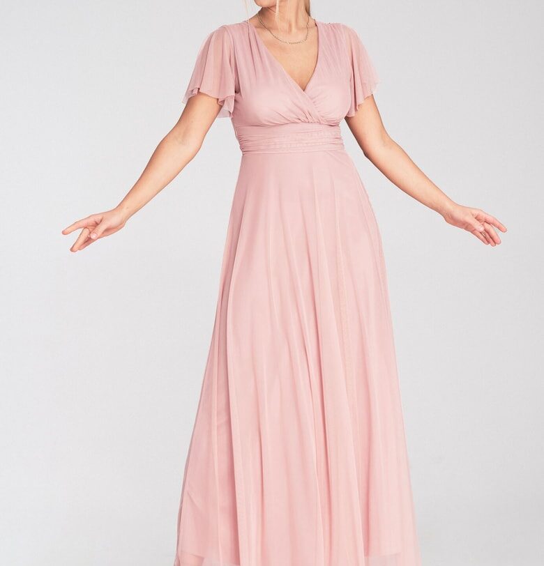 Midi рокля  розова - мрежа - къси ръкави - деколте с плик - за жени - SM Figl