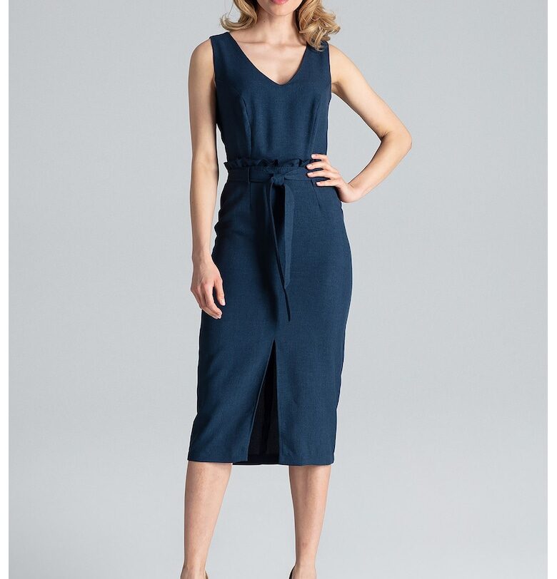 Midi рокля  тъмносиня - V-образно деколте - полиестер Figl